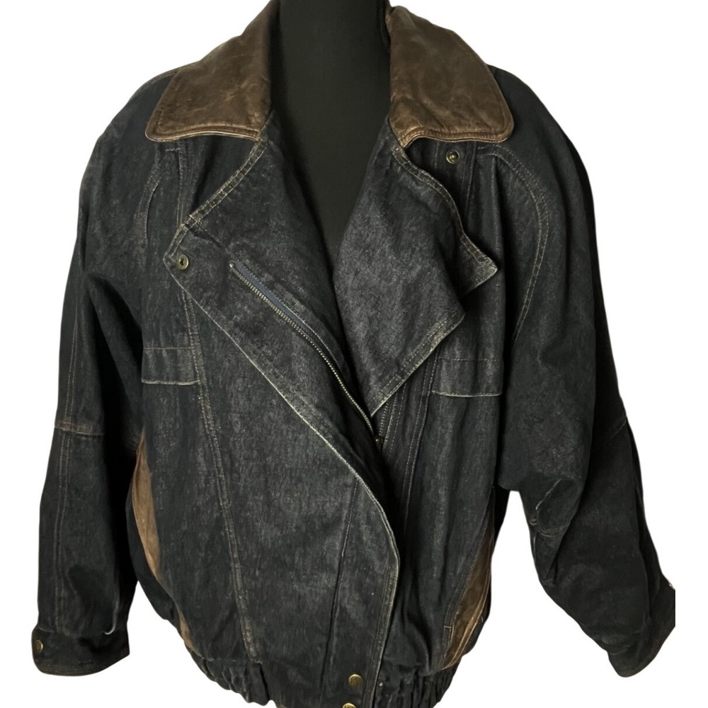 VTG Andy Johns Denim Bomber Jacket Coat Flannel Lined Leather Trim  USA Women LG